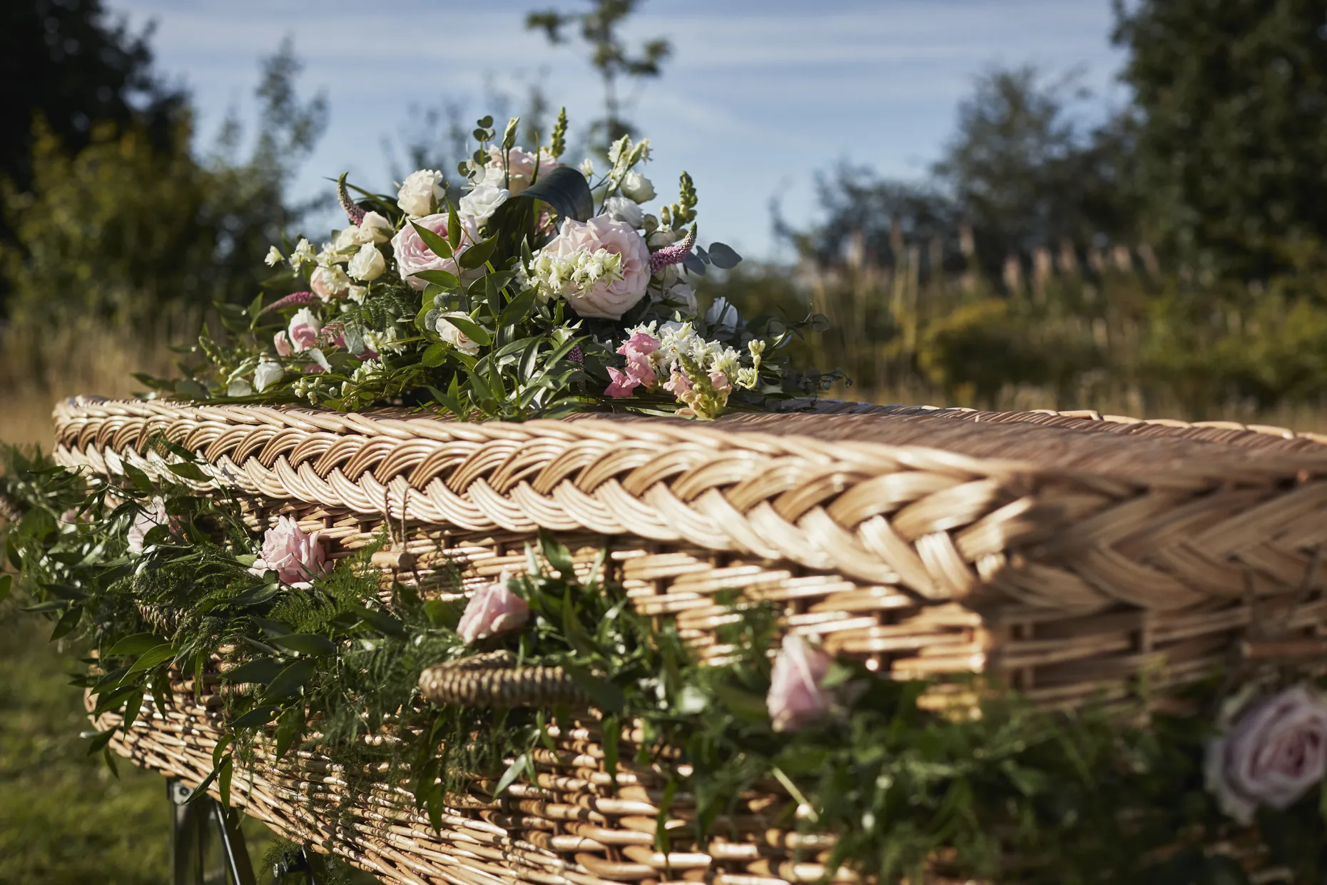 A woven willow coffin outdoors, topped with pink roses and green foliage.