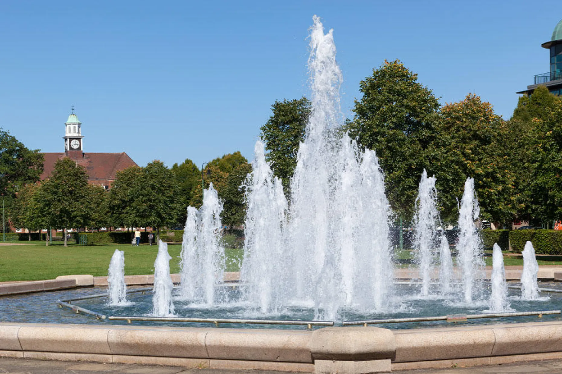 The fountain in Broadway Gardens, Letchworth, on a sunny day